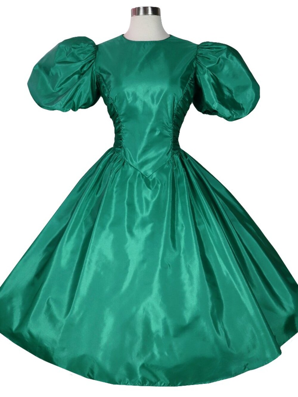 Vintage 80s Green Taffeta Puff Sleeve Full Skirt Prom Dance Gown Party Dress M